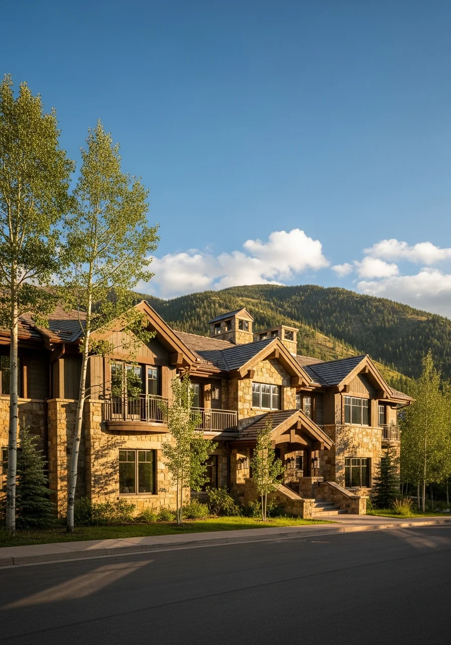 Detailed view of a high-end Aspen residence showing stone accents, pitched roofline, and mountain-appropriate exterior finishes.