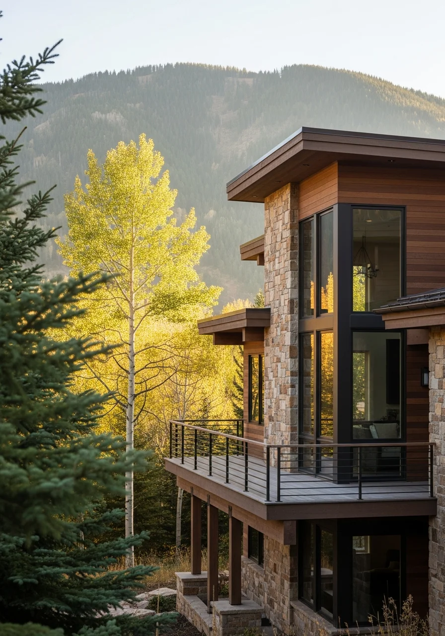 Single-family home in Basalt showing contemporary mountain design with deck, landscaping, and surrounding forest setting.