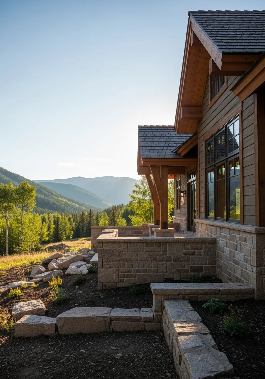 Close-up of a completed mountain home exterior showing stone foundation and pitched roof designed for heavy snow loads.