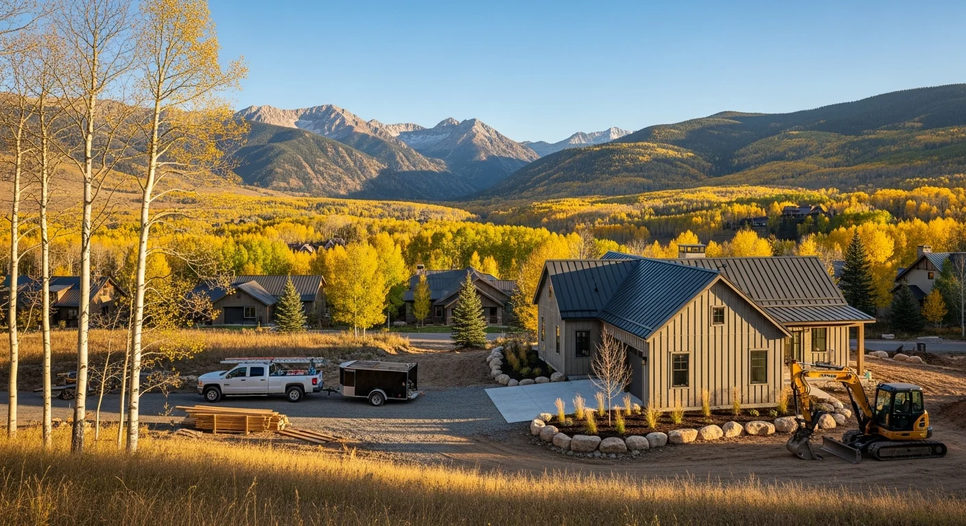 Mountain valley landscape with aspen trees and residential homes nestled along the Roaring Fork corridor under clear alpine sky.