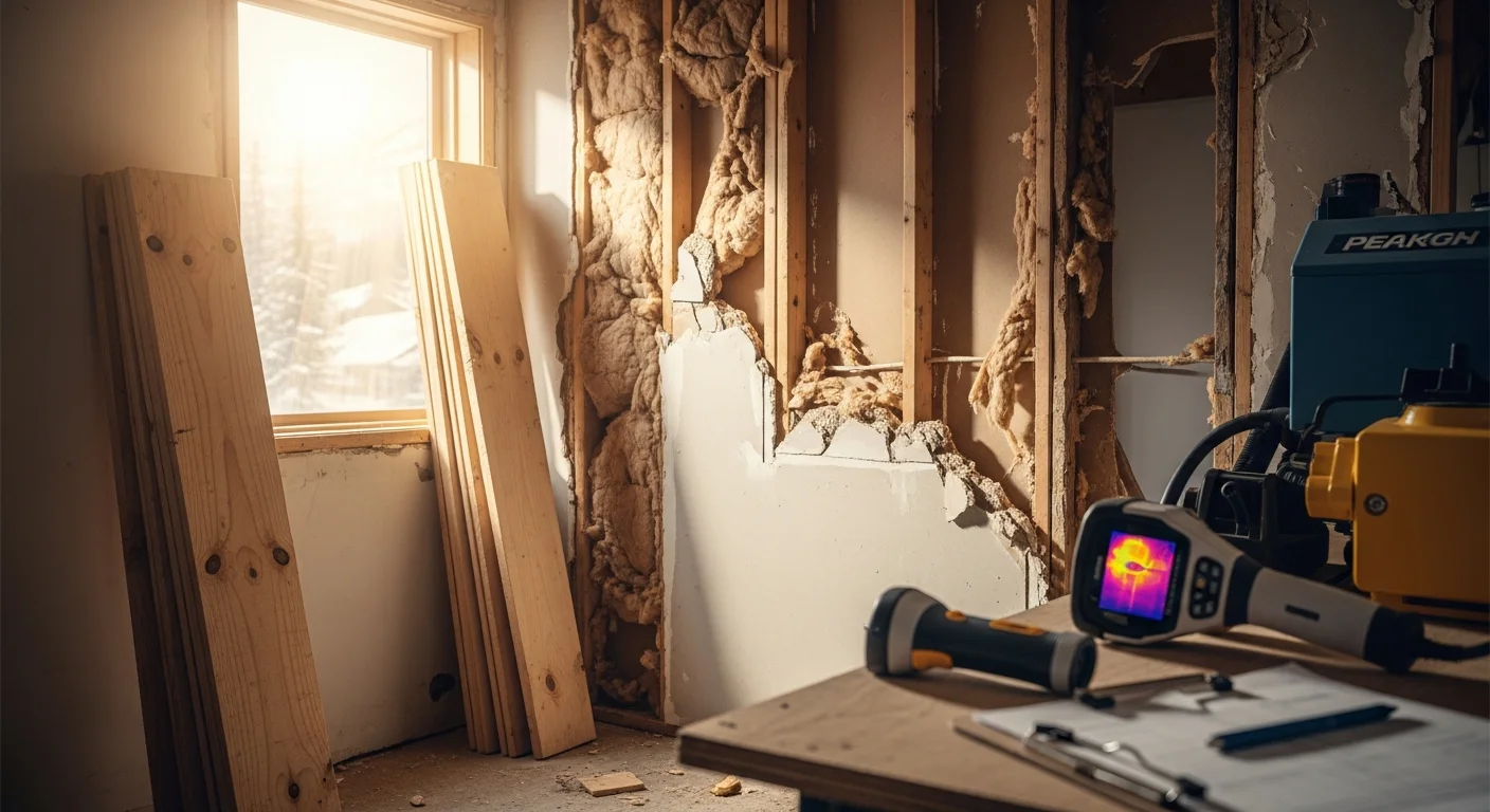 Interior wall section of a Roaring Fork Valley mountain home opened for damage restoration, showing removed drywall and exposed framing being repaired by a contractor. Finished adjacent wall with custom wood trim visible in the background.