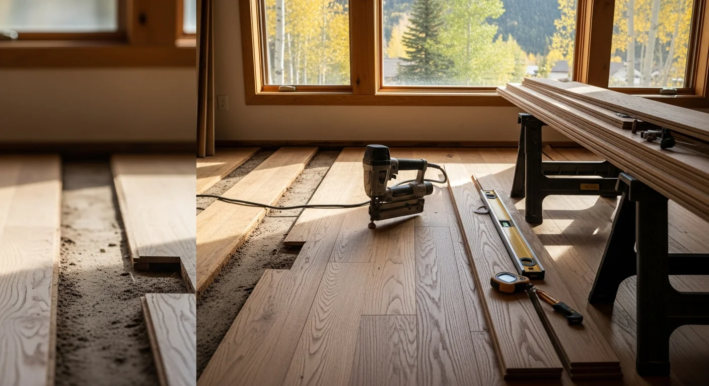 A repaired hardwood floor in a Roaring Fork Valley mountain home showing tight, even boards with no visible gaps or damage. The room has natural light and shows the floor surface fully restored after a professional repair.