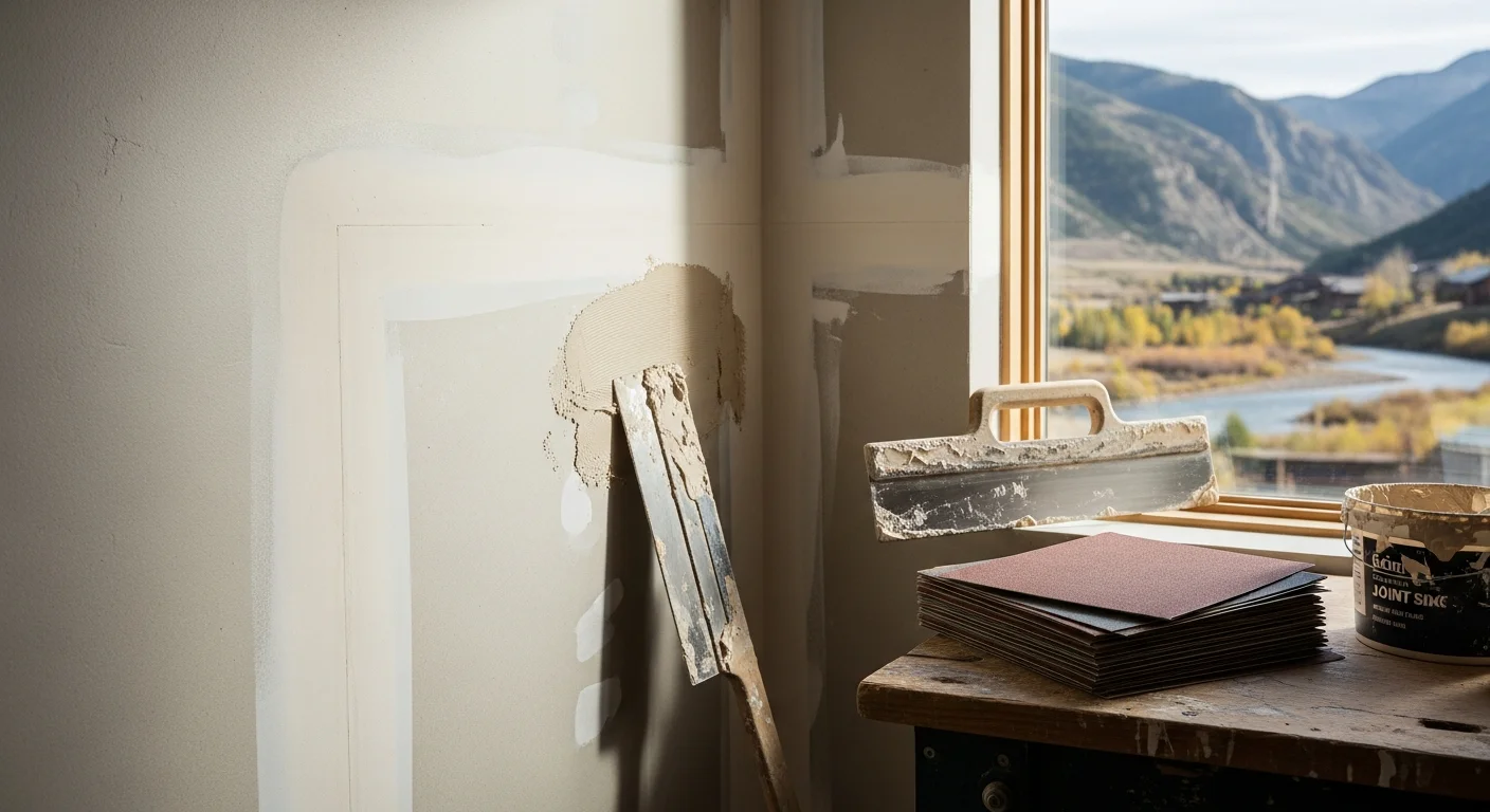 A handyman from Pegasus Custom Homes repairing exterior trim on a mountain home in the Roaring Fork Valley, Colorado. The home shows wood siding typical of the area with snow-capped peaks visible in the background.