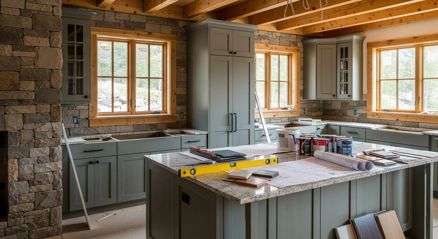 A finished custom kitchen remodel inside a Roaring Fork Valley mountain home, featuring open layout cabinetry and stone-accented countertops. Natural light from large windows highlights the updated workspace designed by Pegasus Custom Homes.