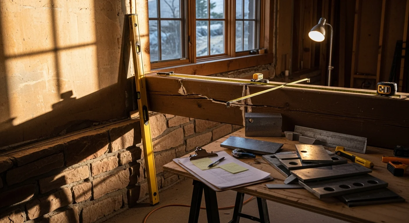 A handyman from Pegasus Custom Homes reinforcing a damaged load-bearing beam inside a mountain home in the Roaring Fork Valley. Exposed timber framing and repaired structural members are visible in the interior work area.